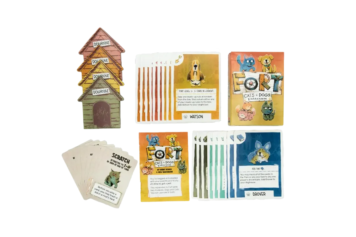 Fort Cats and Dogs expansion components including doghouse, cat and dog cards, and rule sheets