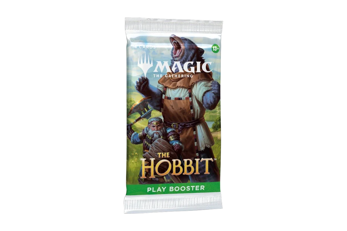 Magic: The Gathering The Hobbit Play Booster sealed pack shown from the front angle, featuring a bear character