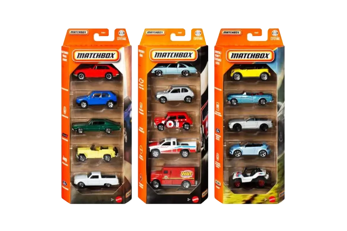 Matchbox 5-pack vehicles assortment showing three different themed packs with various cars