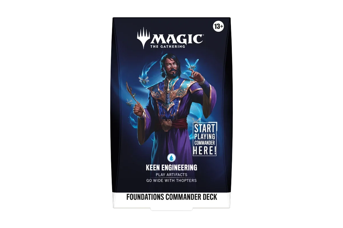 A sealed Magic: The Gathering Foundations Commander Deck box featuring male magical character front view