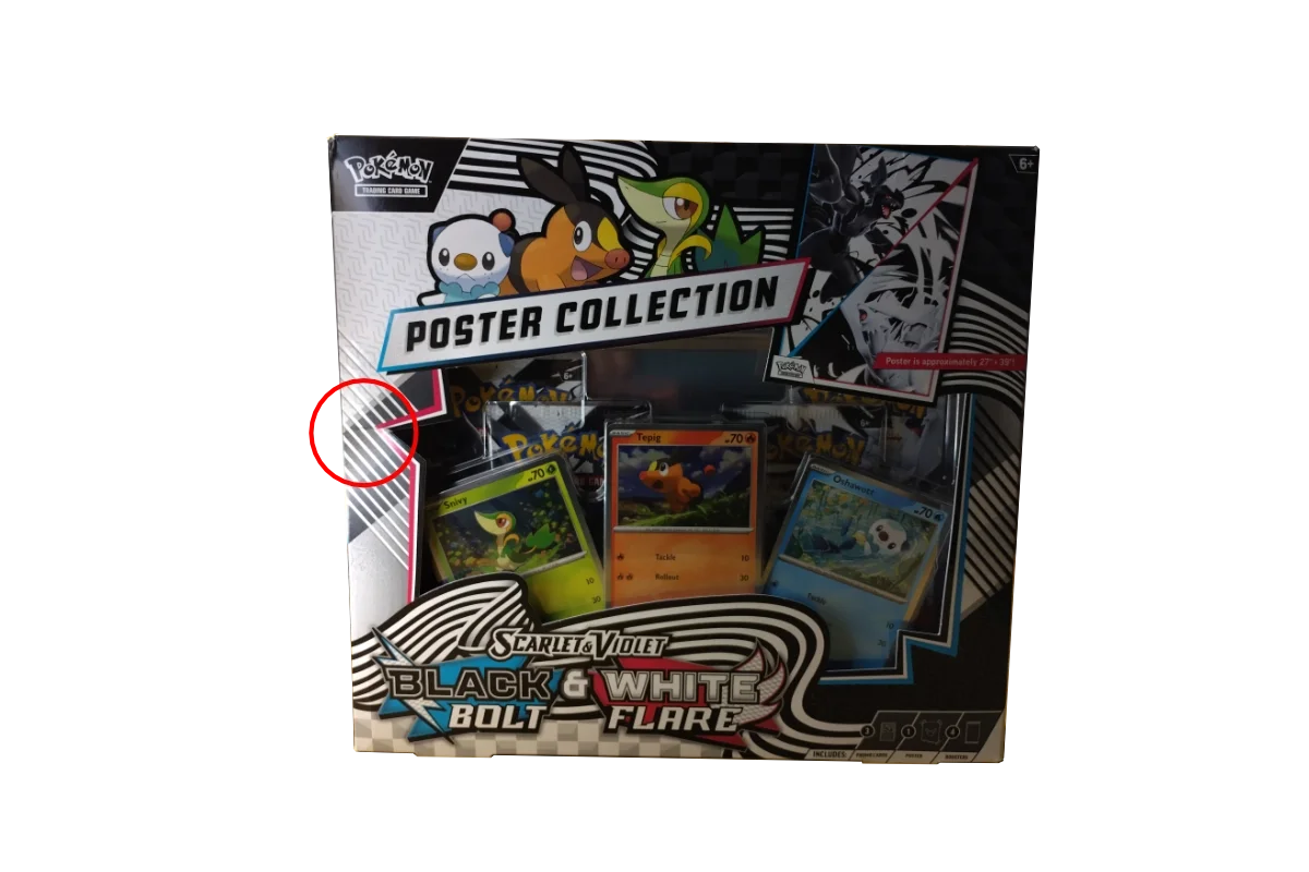 Pokémon Scarlet & Violet Black Bolt & White Flare Poster Collection featuring Snivy, Tepig, and Oshawott - view showing circled minor packaging damage