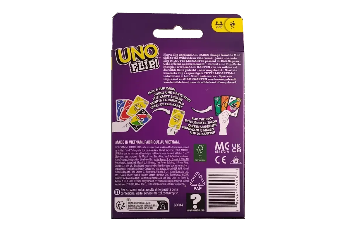 UNO Flip card game back showing Light Side and Dark Side gameplay transformation