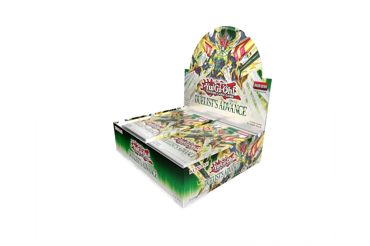 Yu-Gi-Oh! Duelist's Advance booster box featuring Artmage and Power Patron monsters - open display - front right view