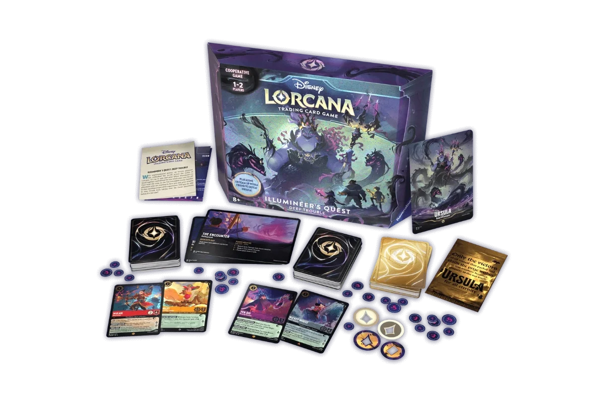 Disney Lorcana Illumineer's Quest Deep Trouble contents including playmat, Ursula card, player decks, tokens, and battleground cards