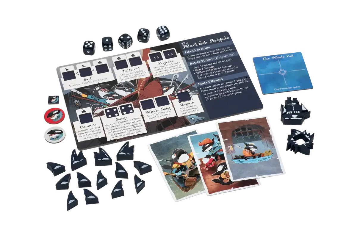 Ahoy Blackfish Brigade faction components featuring black orca tokens, dice, and whale pod cards
