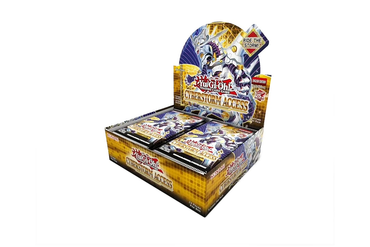 Yu-Gi-Oh! Cyberstorm Access booster box featuring Firewall Dragon Link-6 - open display - front right view