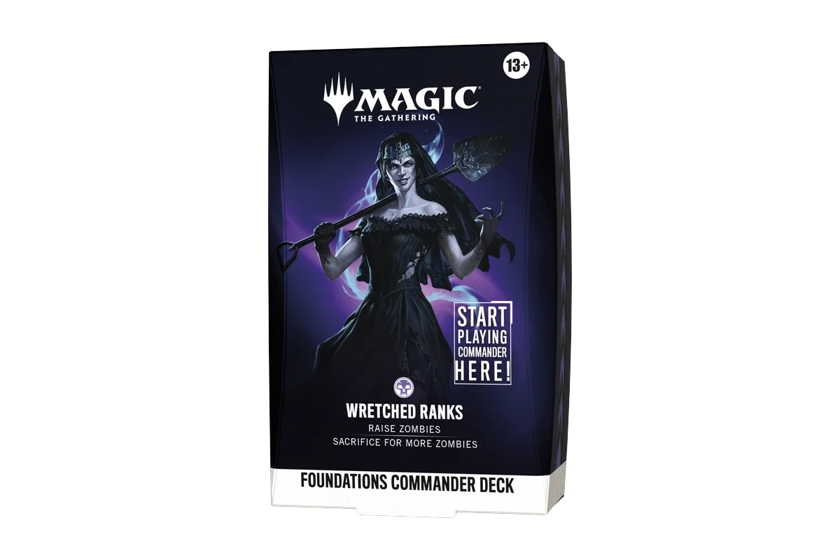 Magic: The Gathering Foundations Commander Deck "Wretched Ranks" in sealed packaging, front view, featuring a dark-robed  female character