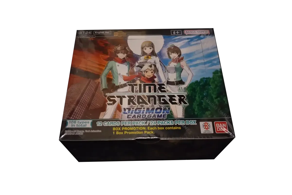 Digimon BT24 Time Stranger sealed booster box with shrink wrap showing four Tamers and box promotion pack details