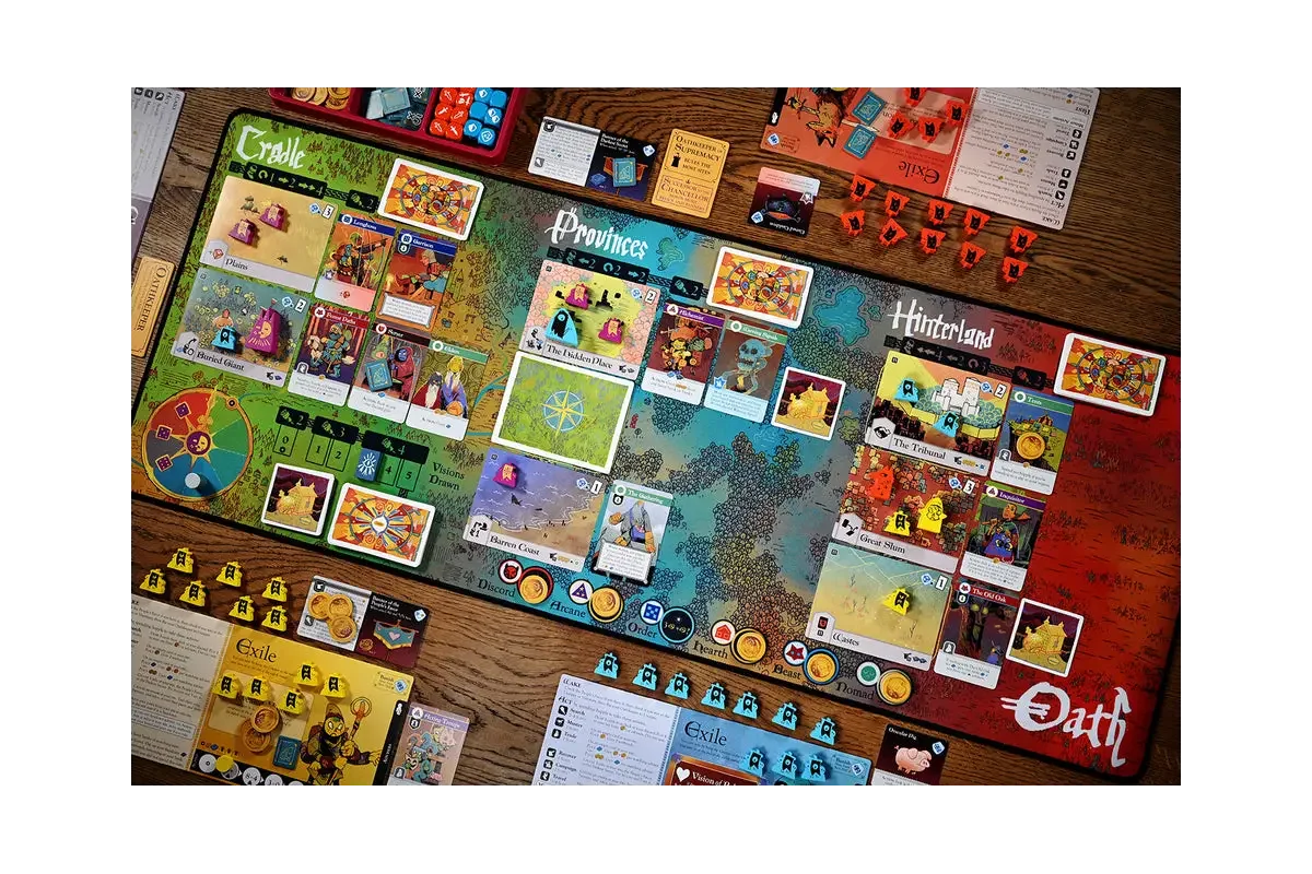 Oath Chronicles of Empire and Exile gameplay showing board with regions, player pieces, and cards in play