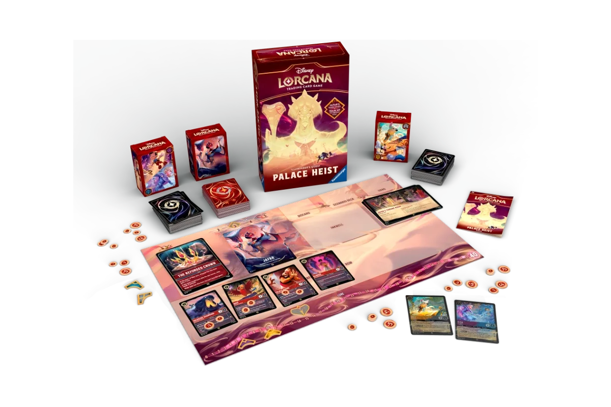 Disney Lorcana Palace Heist contents including Jafar scenario deck, player decks, playmat, tokens, and exclusive cards