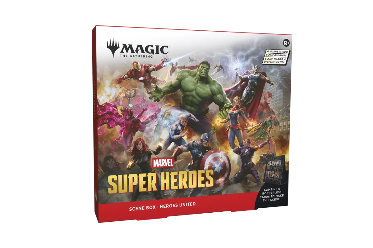 Magic: The Gathering Marvel Super Heroes Scene Box Heroes United left angle showing Avengers assembled
