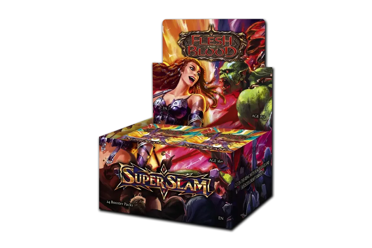 Flesh and Blood Super Slam booster box featuring Tuffnut, Pleiades, Kayo, and Lyath Goldmane