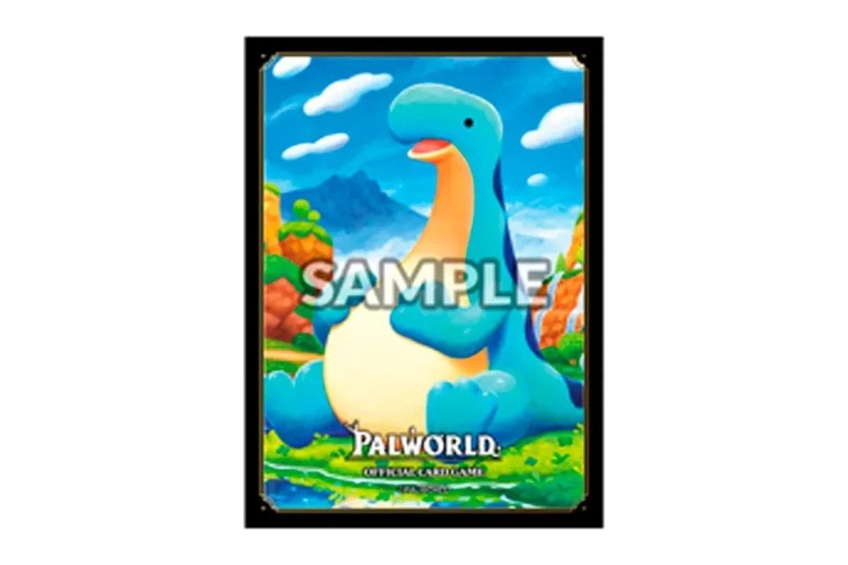 A sealed Palworld Official Card Game sleeve displayed at a front angle, featuring a blue long-necked creature with an orange beak against a colorful landscape background.