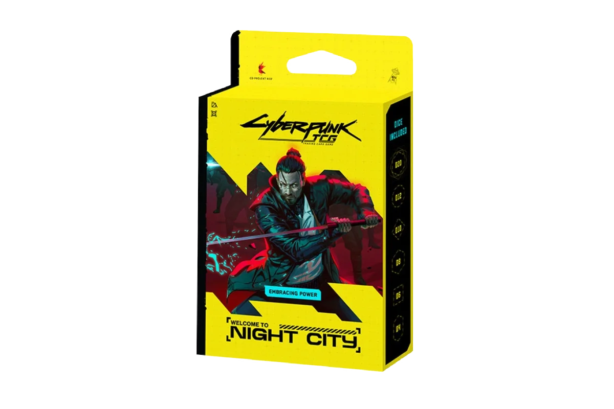 Cyberpunk TCG Embracing Power starter deck side view showing polyhedral dice included