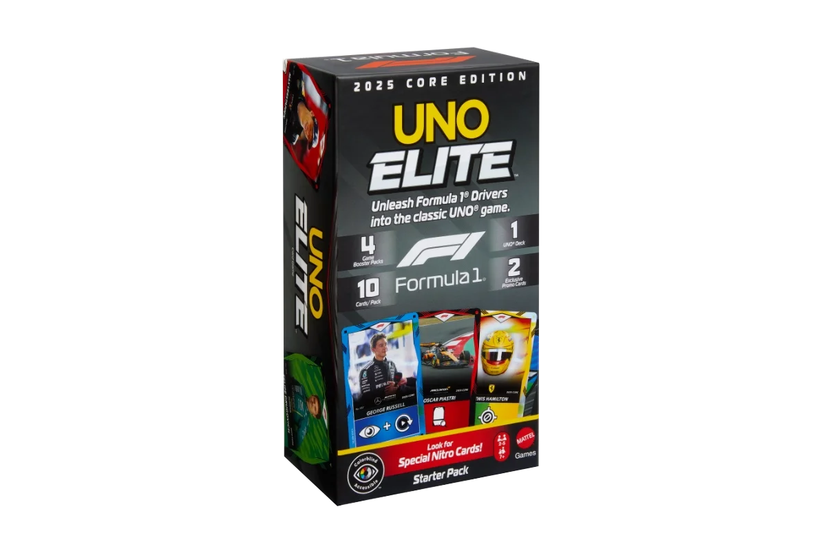 UNO Elite Formula 1 2025 Core Edition Starter Pack box featuring George Russell, Oscar Piastri, and Lewis Hamilton driver cards