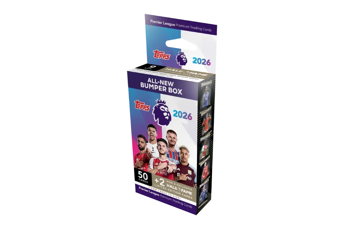 Topps Premier League 2026 Debut Edition Bumper Box featuring 50 cards plus 2 exclusive Hall of Fame limited edition cards