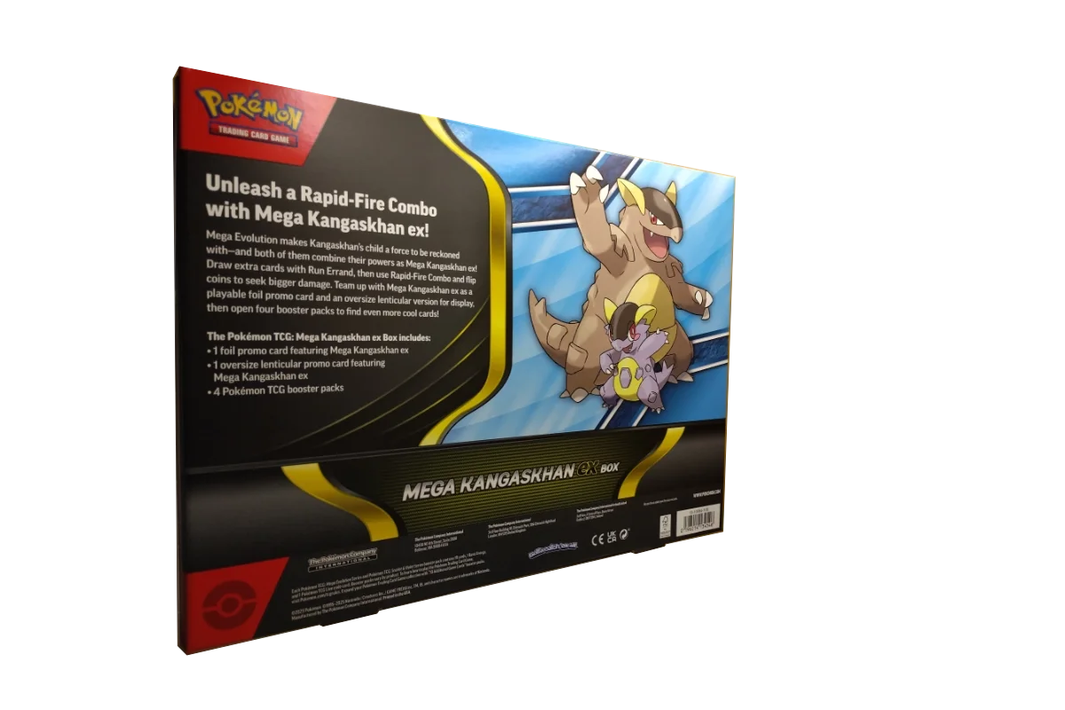 Pokémon Mega Kangaskhan ex Box back showing Run Errand and Rapid-Fire Combo abilities