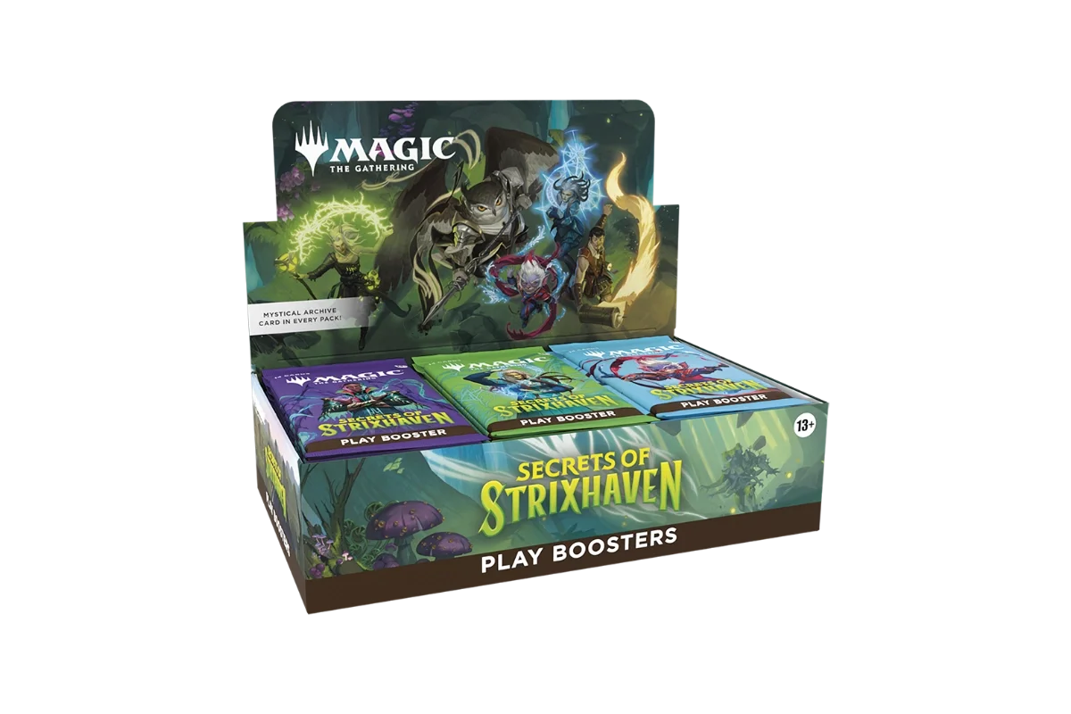 Magic: The Gathering Secrets of Strixhaven Play Booster display box showing booster packs