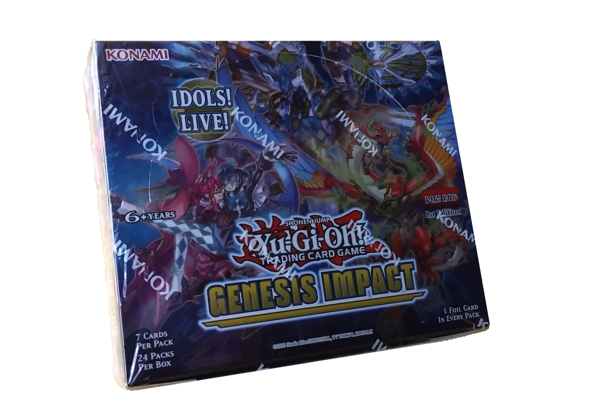 Yu-Gi-Oh! Genesis Impact booster box featuring Drytron, Magistus, and Evil★Twin monsters