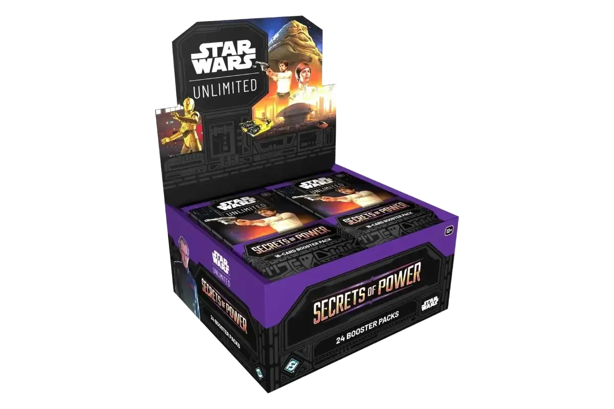 Star Wars: Unlimited Secrets of Power display box opened showing 24 booster packs with Jabba the Hutt artwork