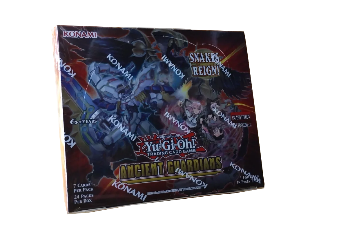 Yu-Gi-Oh! Ancient Guardians booster box featuring Reptile and Spellcaster artwork with "Snakes Reign!" tagline