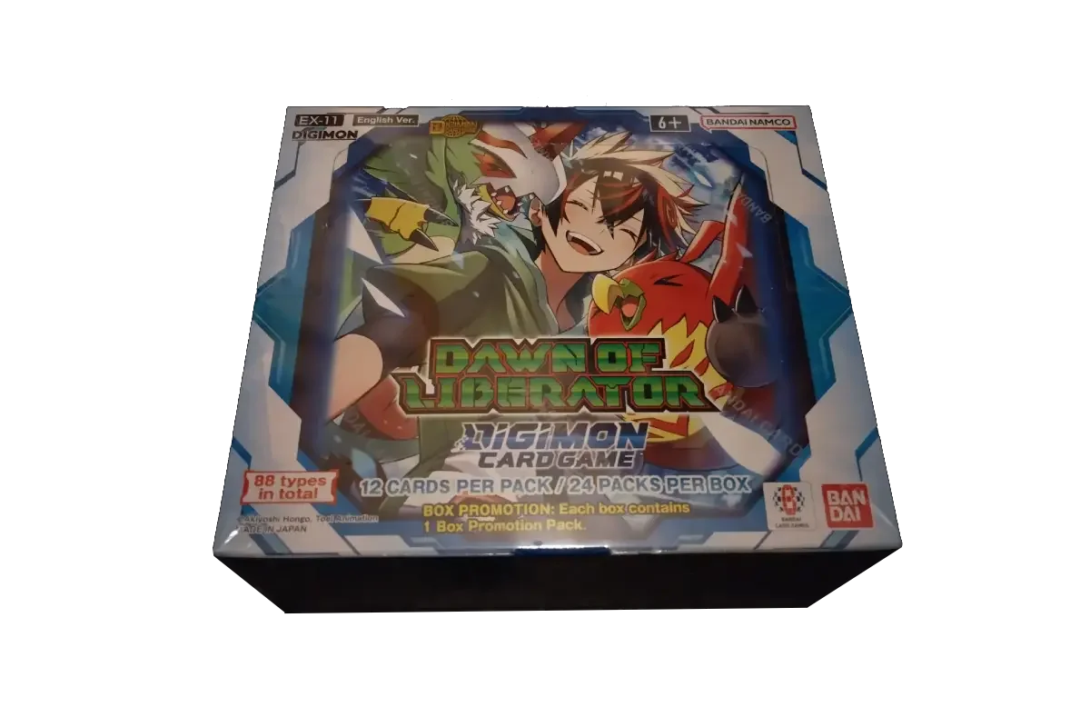 Digimon Dawn of Liberator EX-11 sealed booster box with shrink wrap showing box promotion pack details