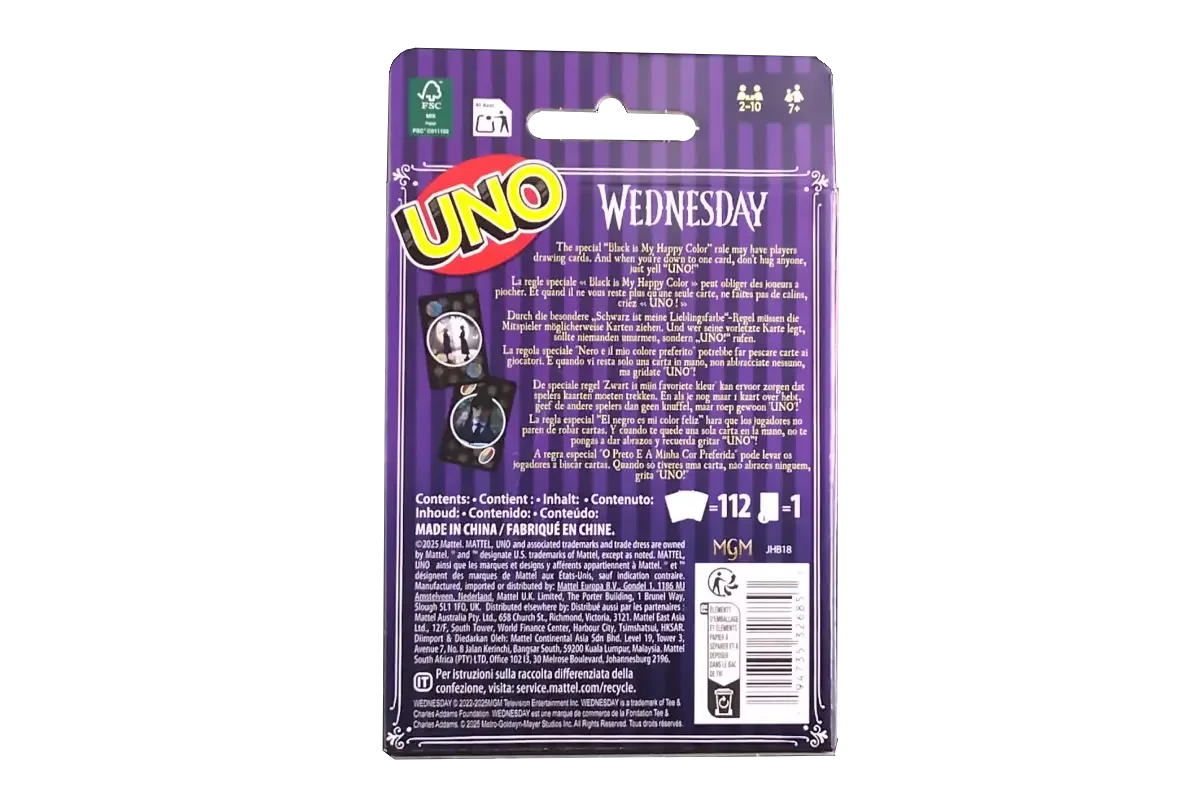 UNO Wednesday card game back showing special "Black is My Happy Color" rule and game contents
