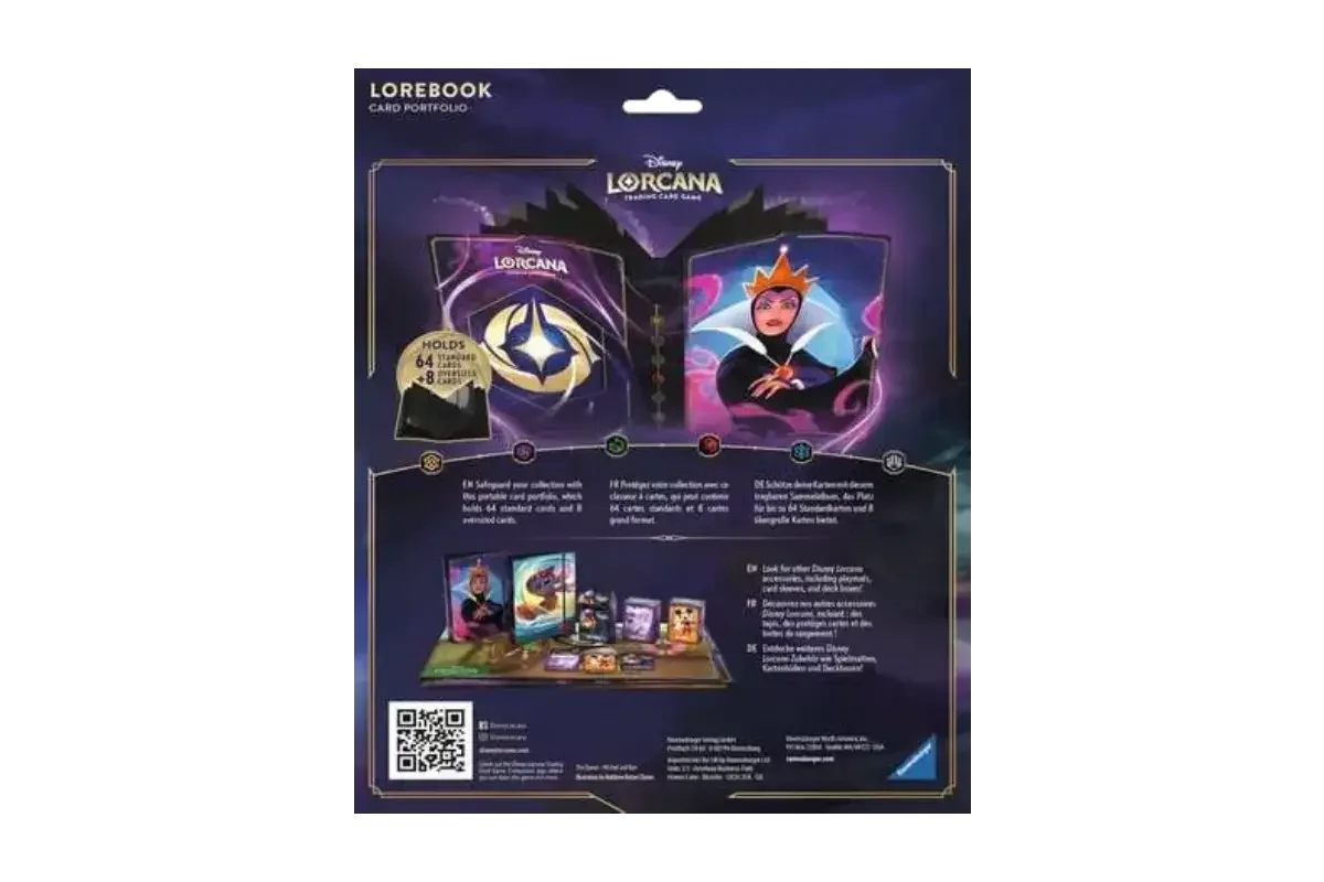 Disney Lorcana Evil Queen portfolio back showing 64-card and 8 oversized card capacity