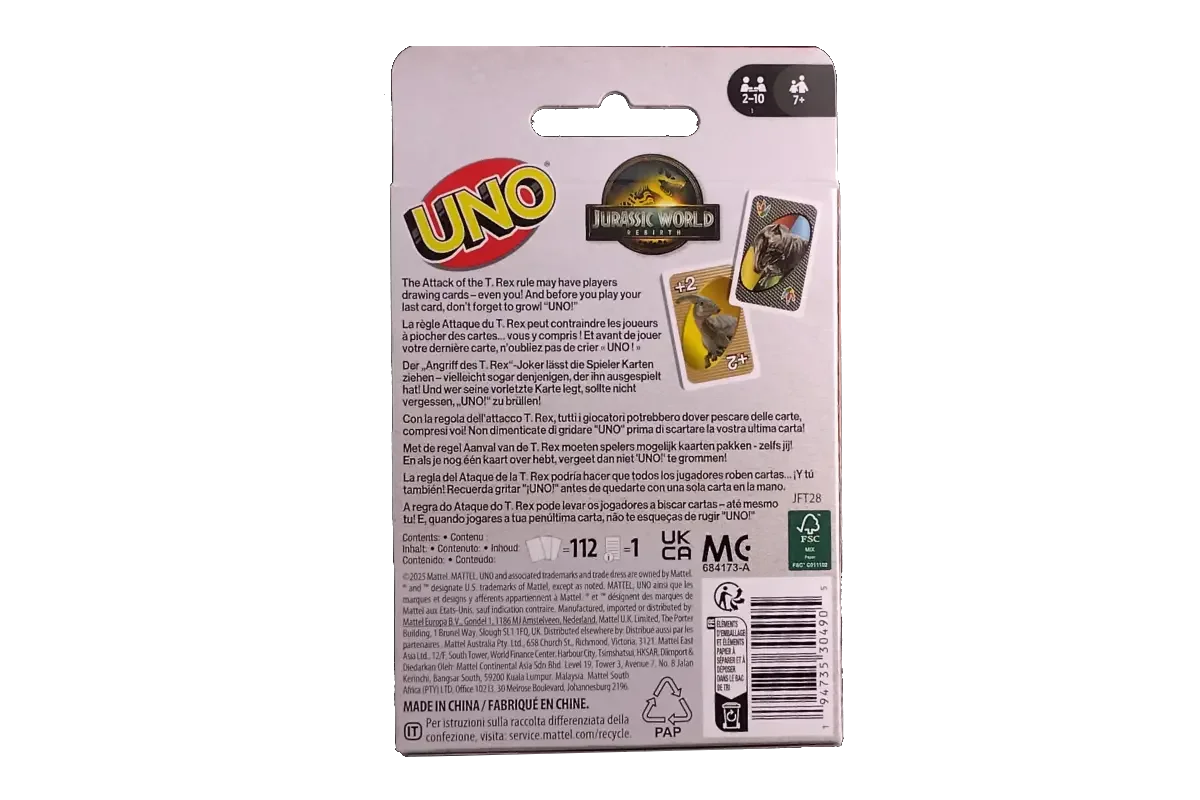 UNO Jurassic World Rebirth card game back showing "Attack of the T. Rex" special rule and game contents