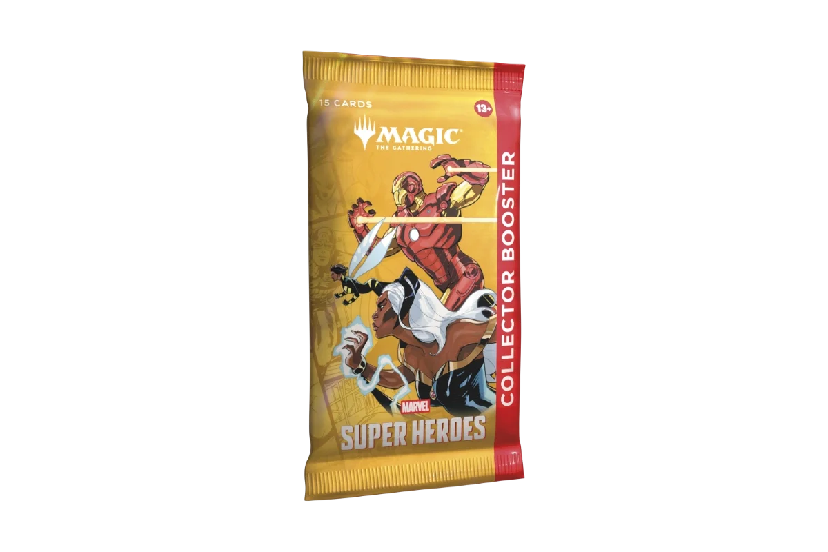 Magic: The Gathering Marvel Super Heroes Collector Booster pack left angle featuring Iron Man