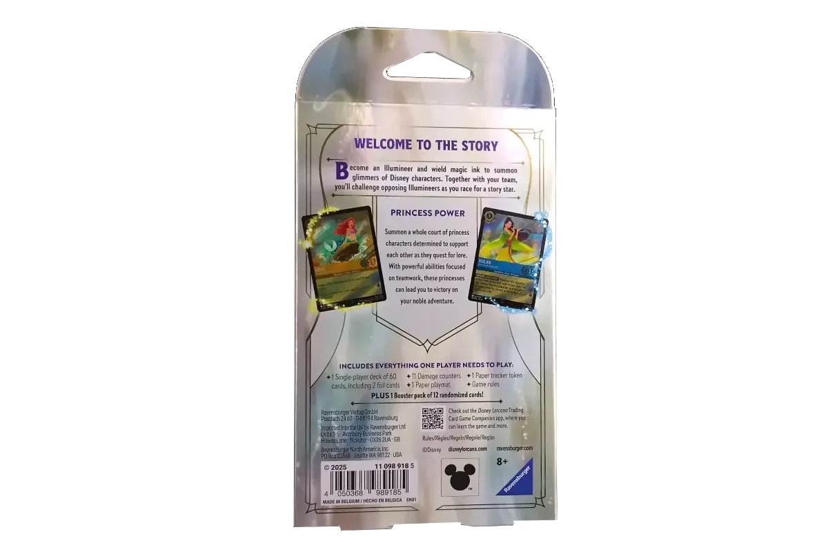 Disney Lorcana Fabled starter deck back showing Princess Power strategy and included contents