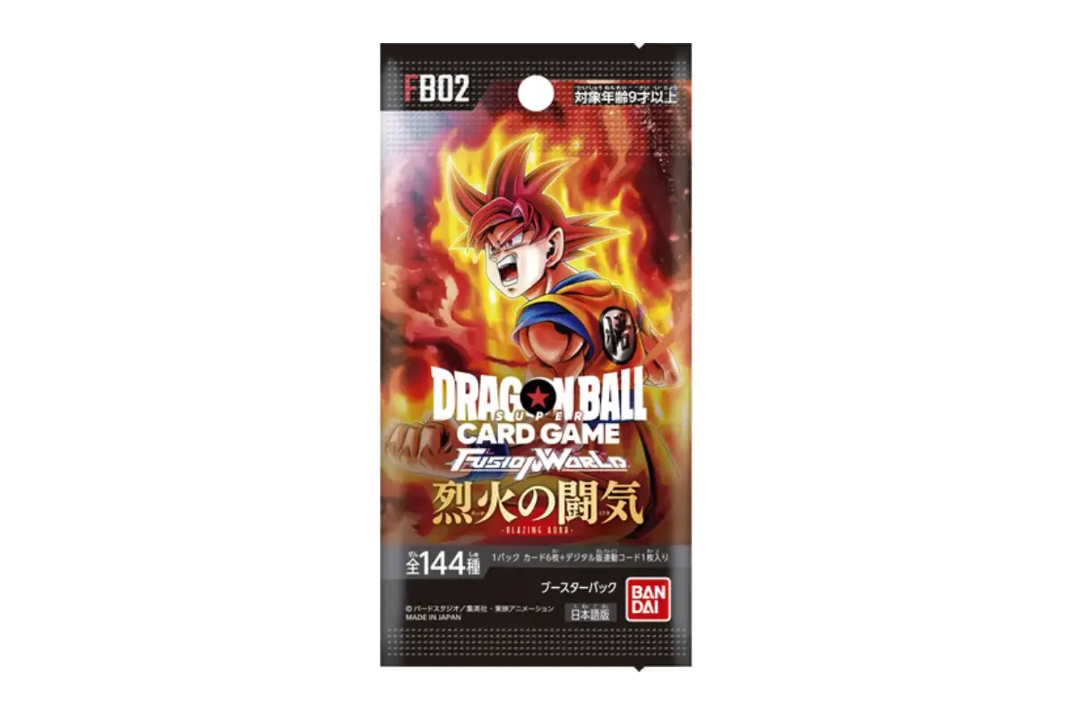 Dragon Ball Fusion World Blazing Aura FB02 Japanese booster pack featuring Super Saiyan God Son Goku