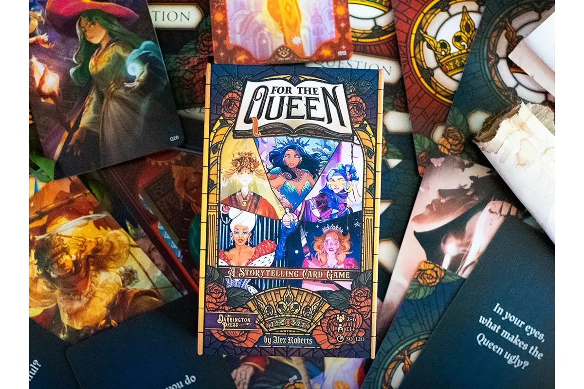 For the Queen box surrounded by illustrated question cards featuring diverse artwork
