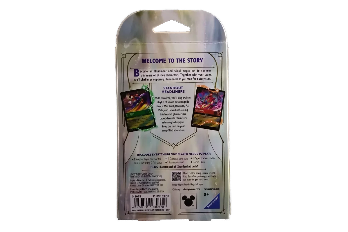 Disney Lorcana Fabled Standout Headliners Starter Deck back showing deck contents and featured characters