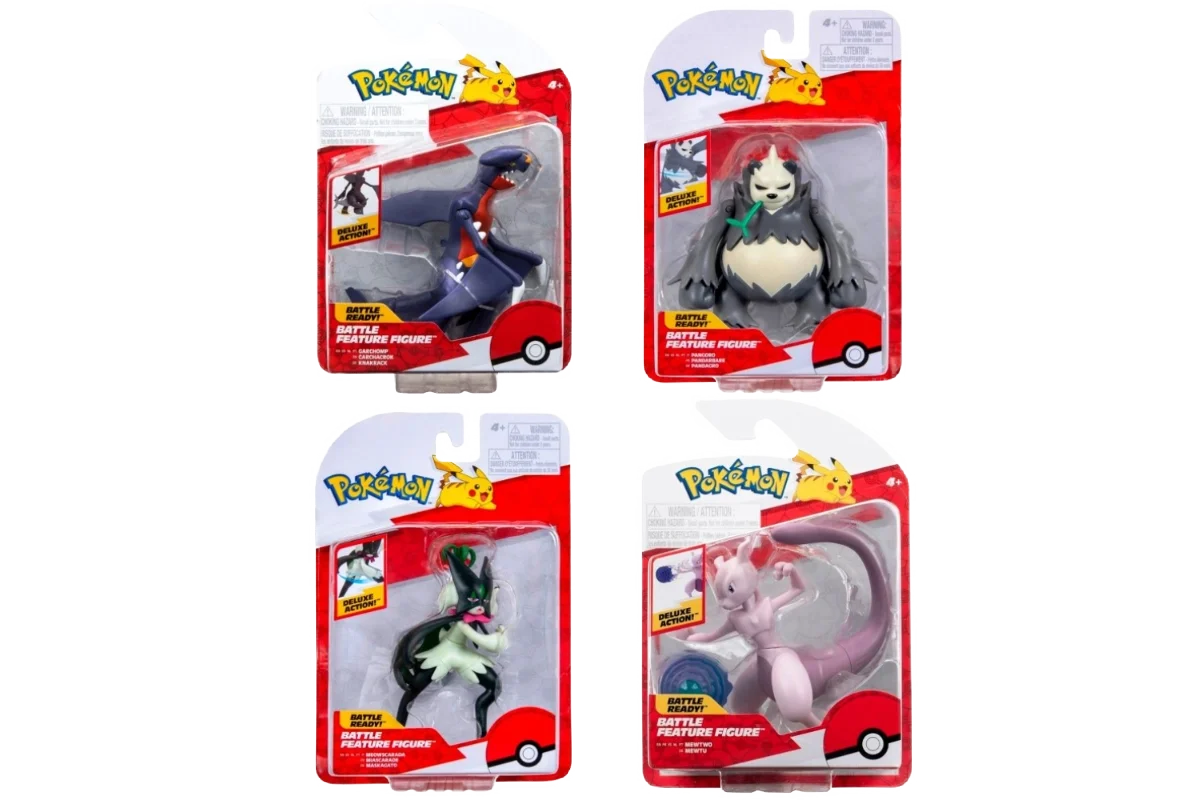 Four Pokémon Battle Feature Figures showing Garchomp, Pangoro, Meowscarada, and Mewtwo (Copy) (Copy) (Copy)