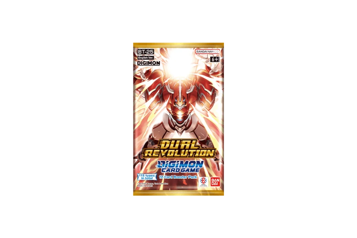 Digimon Card Game BT-25 Dual Revolution booster pack featuring a powerful armoured Digimon in golden energy