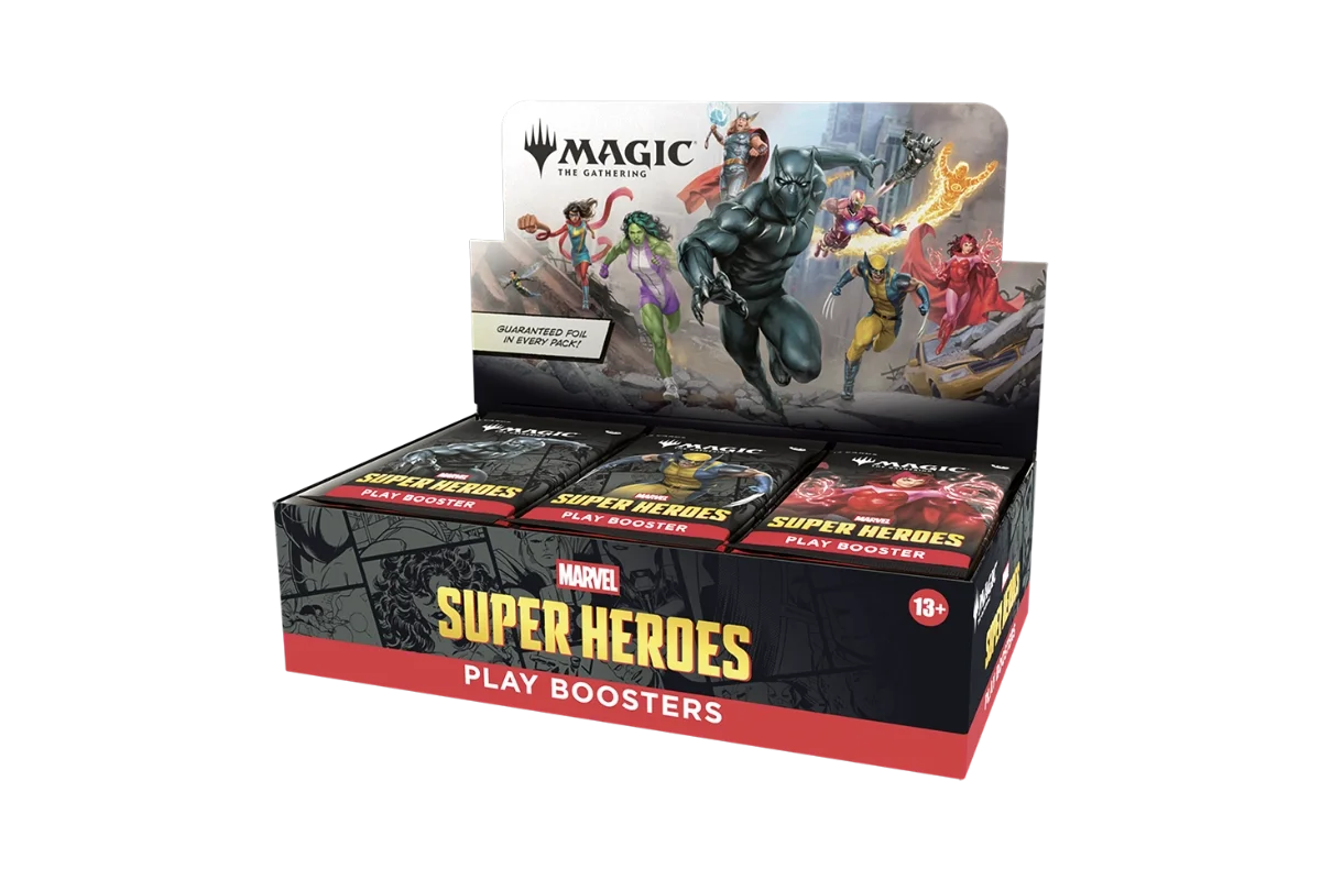 Magic: The Gathering Marvel Super Heroes Play Booster display showing booster packs from right angle