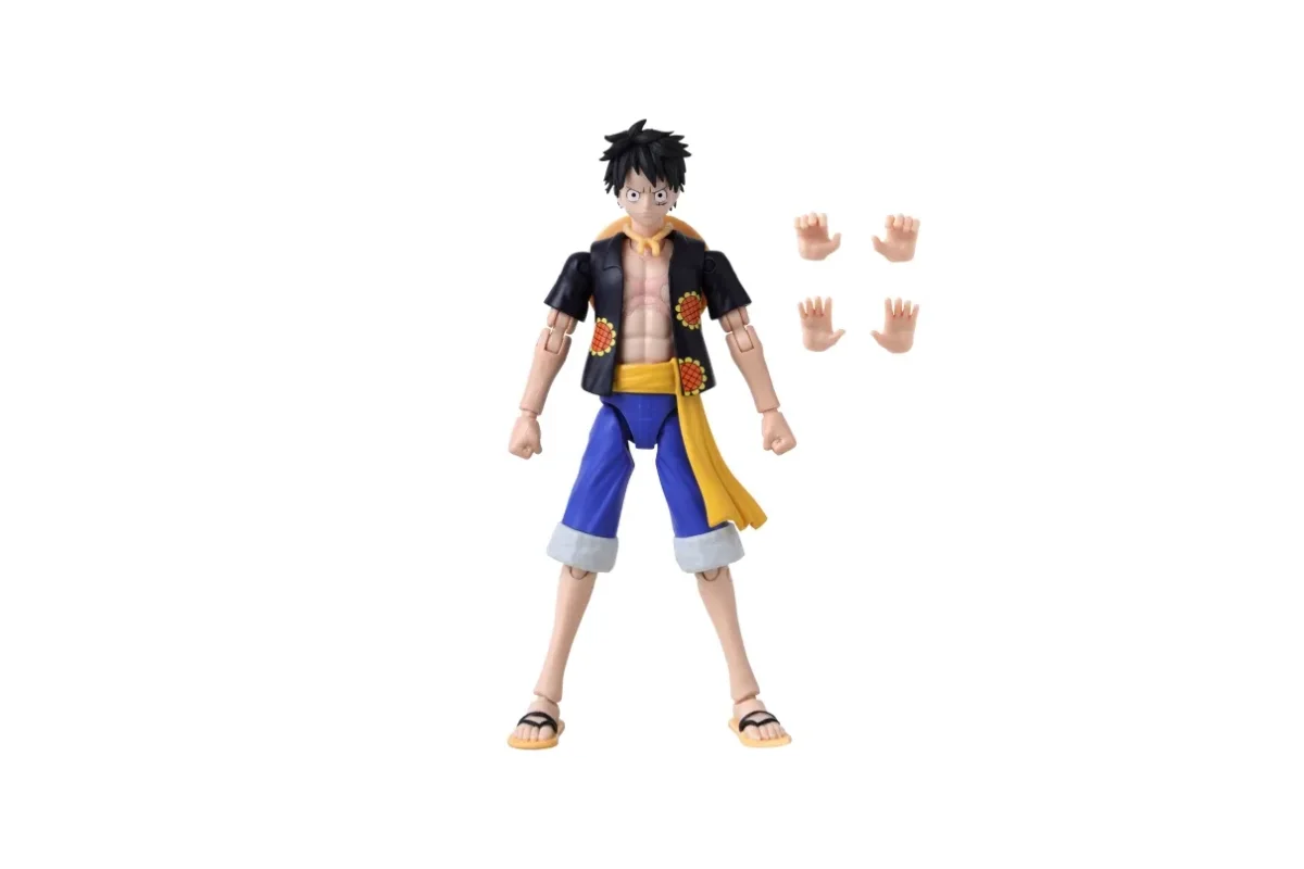 Anime Heroes One Piece Monkey D. Luffy Dressrosa 6.5-inch action figure in black jacket and blue shorts out of box showing spare hands in different poses