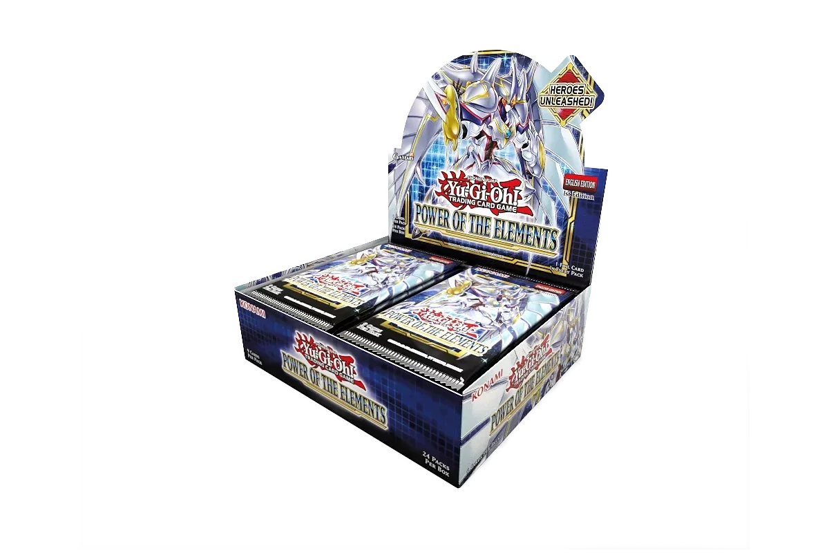 Yu-Gi-Oh! Power of the Elements booster box featuring Elemental HERO and Spright monsters - open display - front right view