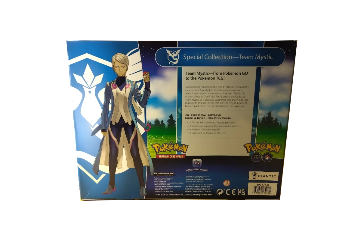 Pokémon GO Special Collection Team Mystic back showing Blanche full-art promo and contents