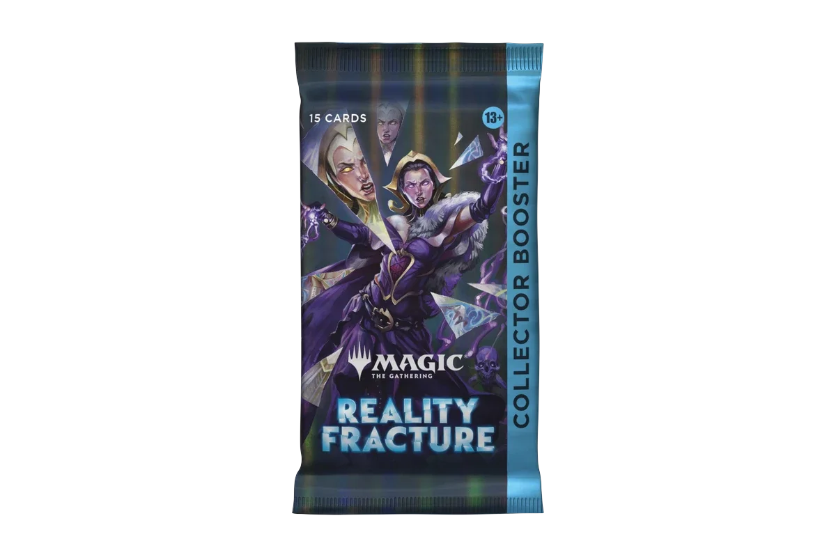 A sealed Magic: The Gathering "Reality Fracture" Collector Booster pack containing 15 cards, shown from the front angle with purple-themed artwork and a 13+ age rating visible, front angle