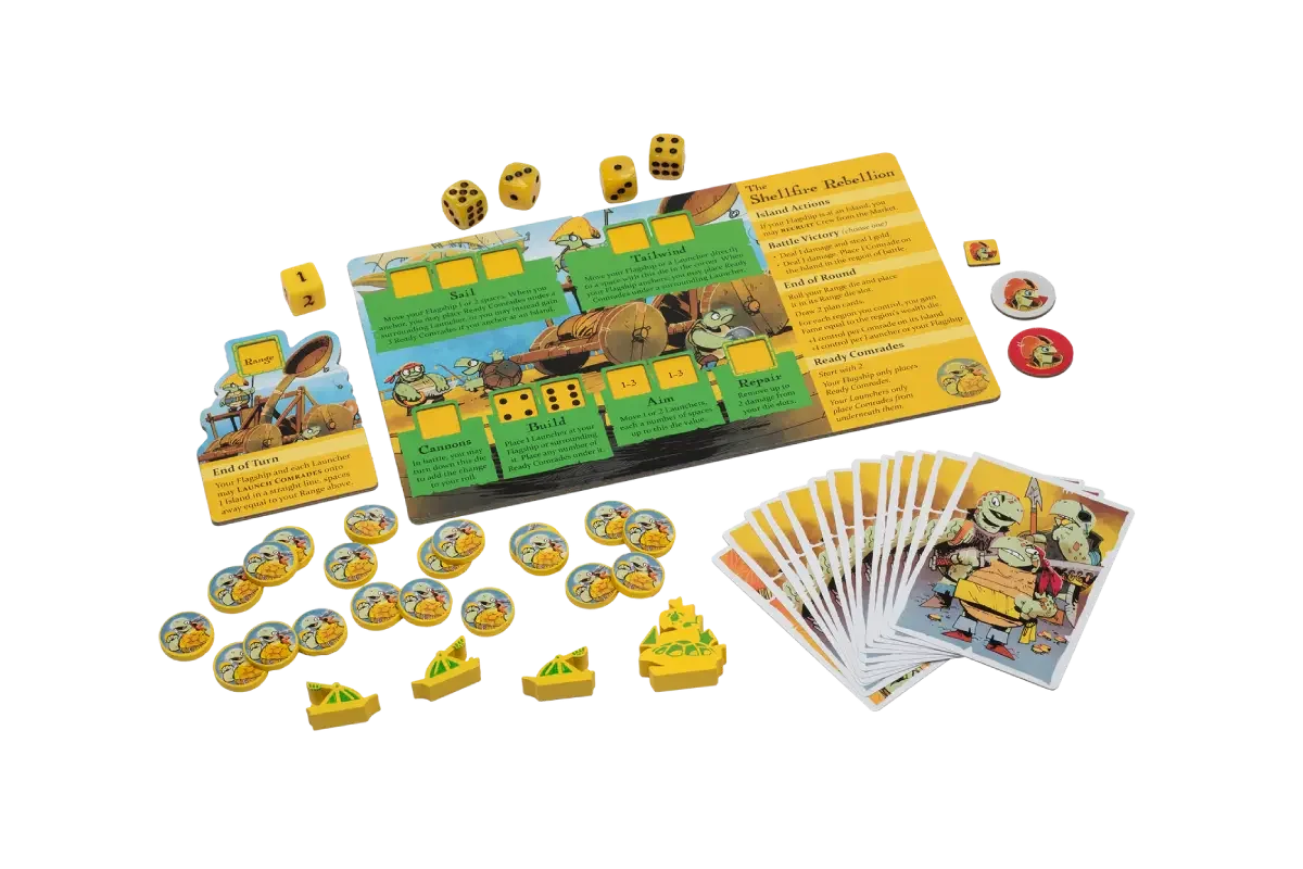 Ahoy Shellfire Rebellion faction components featuring yellow turtle tokens, dice, and catapult mechanics
