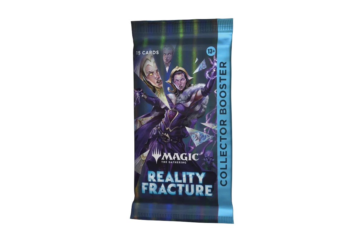 A sealed Magic: The Gathering "Reality Fracture" Collector Booster pack containing 15 cards, shown from the front angle with purple-themed artwork and a 13+ age rating visible, right angle