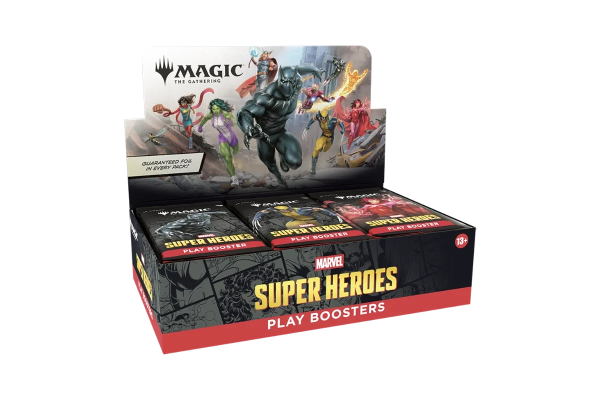 Magic: The Gathering Marvel Super Heroes Play Booster display showing booster packs from left angle