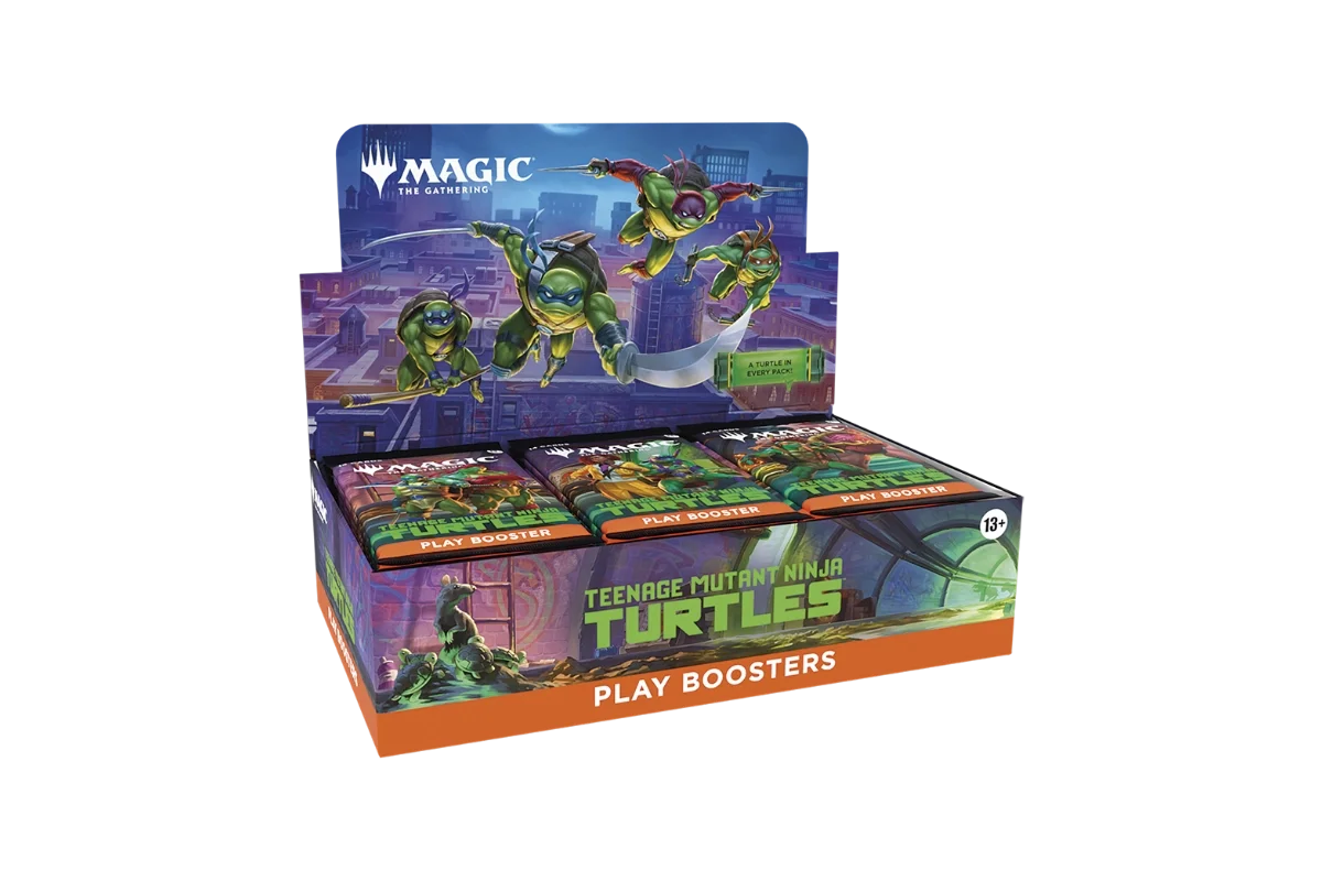 Magic The Gathering TMNT booster display showing all four Turtles leaping with Splinter