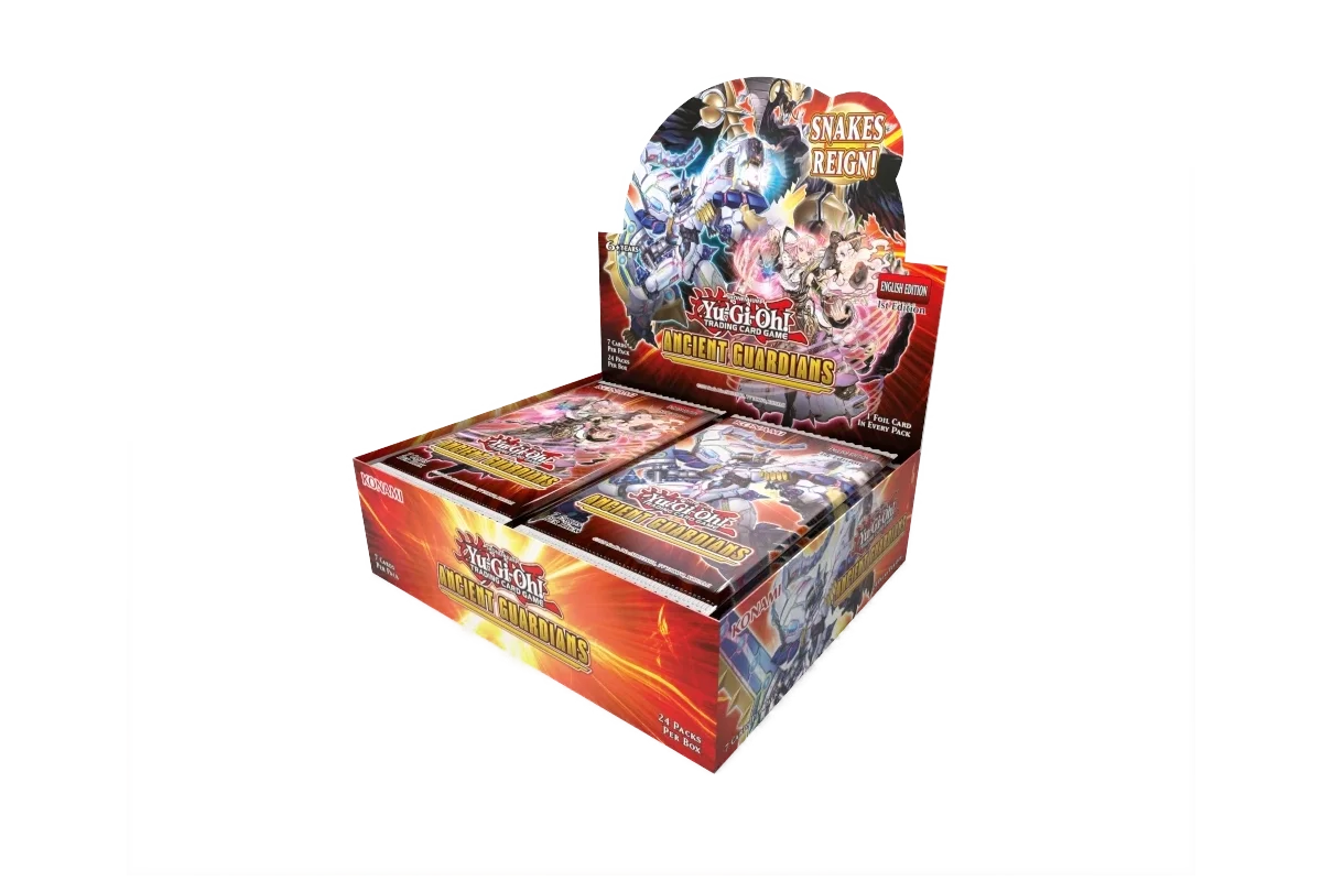 Yu-Gi-Oh! Ancient Guardians booster box featuring Reptile and Spellcaster artwork with "Snakes Reign!" tagline - open display - front right side view