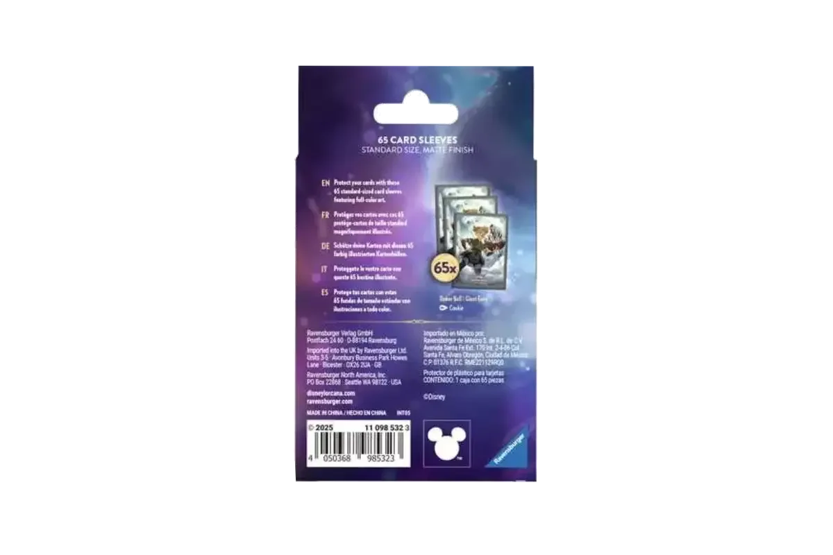 Disney Lorcana Tinker Bell card sleeves packaging back showing 65 matte-finish sleeves and product specifications