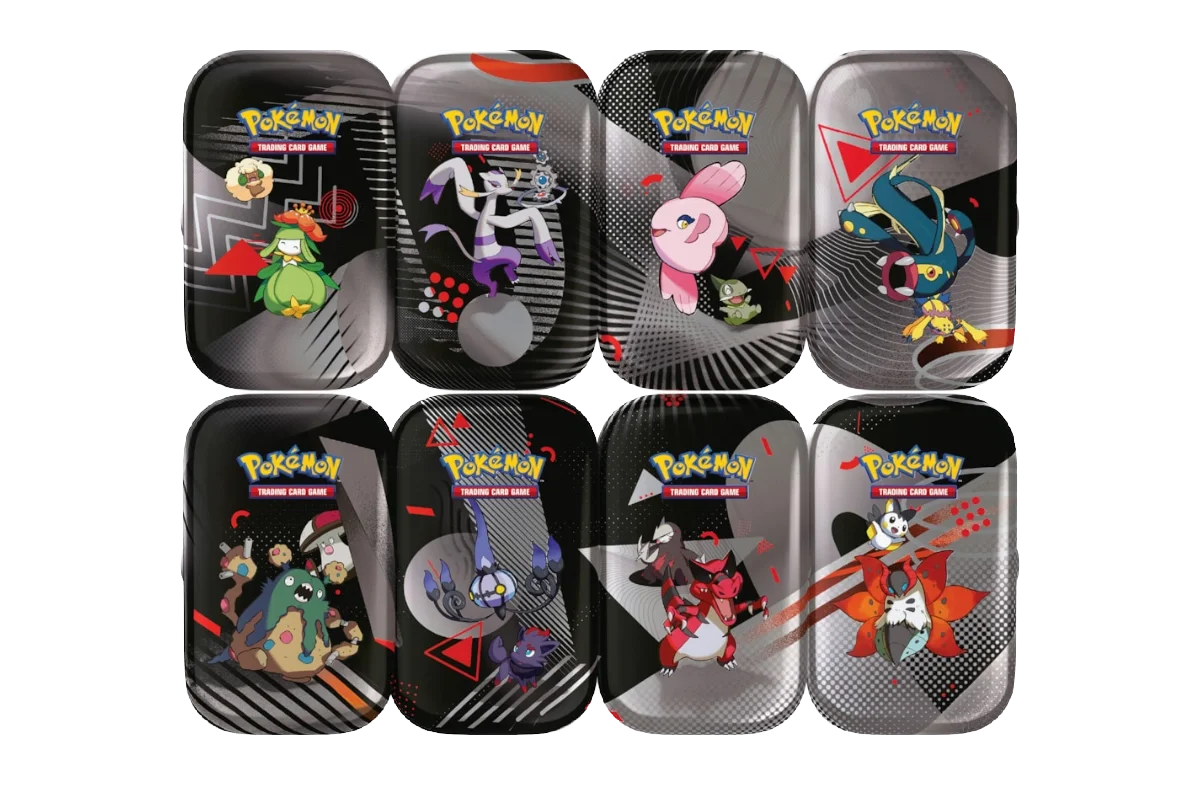 Pokémon Black Bolt & White Flare Unova Mini Tin - display showing all 8 variants to collect