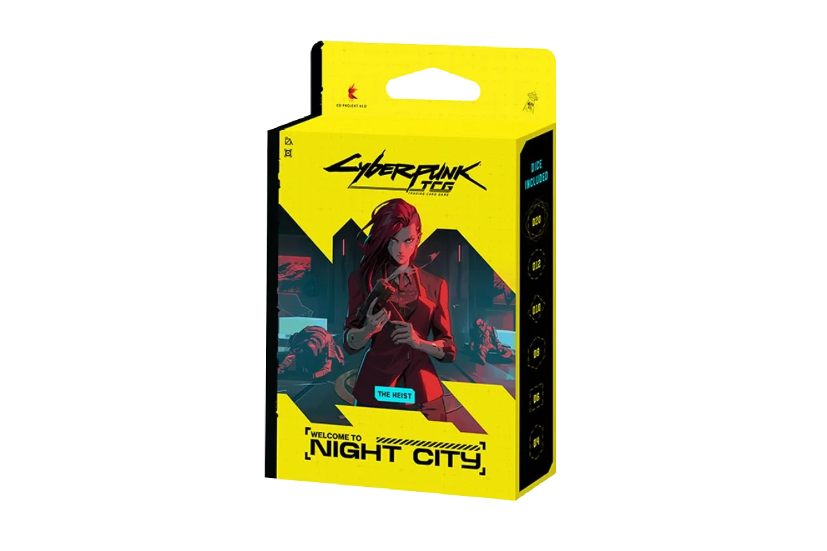 Cyberpunk TCG The Heist starter deck side view showing polyhedral dice included