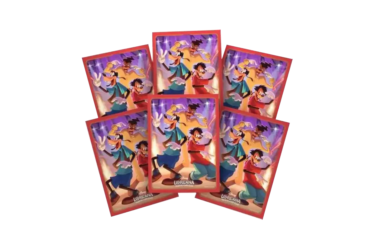 Disney Lorcana Goofy Goof Troop card sleeves fanned display showing mythology hero artwork with orange border